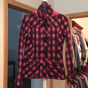 Cute pink and black plaid hooded jacket.